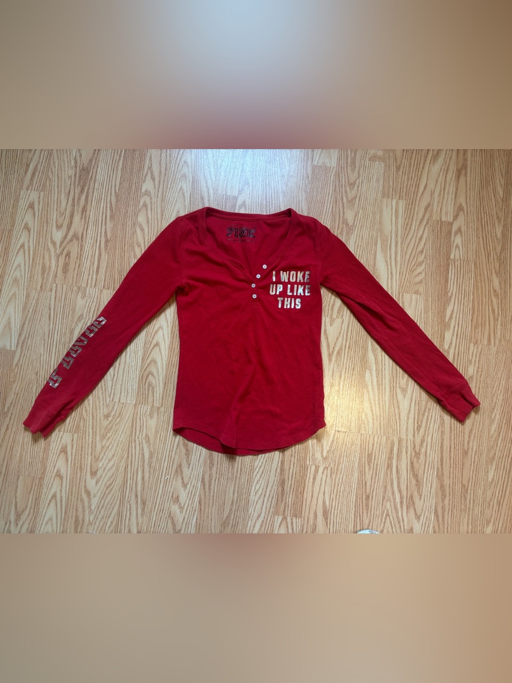 PINK Victoria's Secret Red Long-Sleeve Henley with 'I WOKE UP LIKE THIS' Print